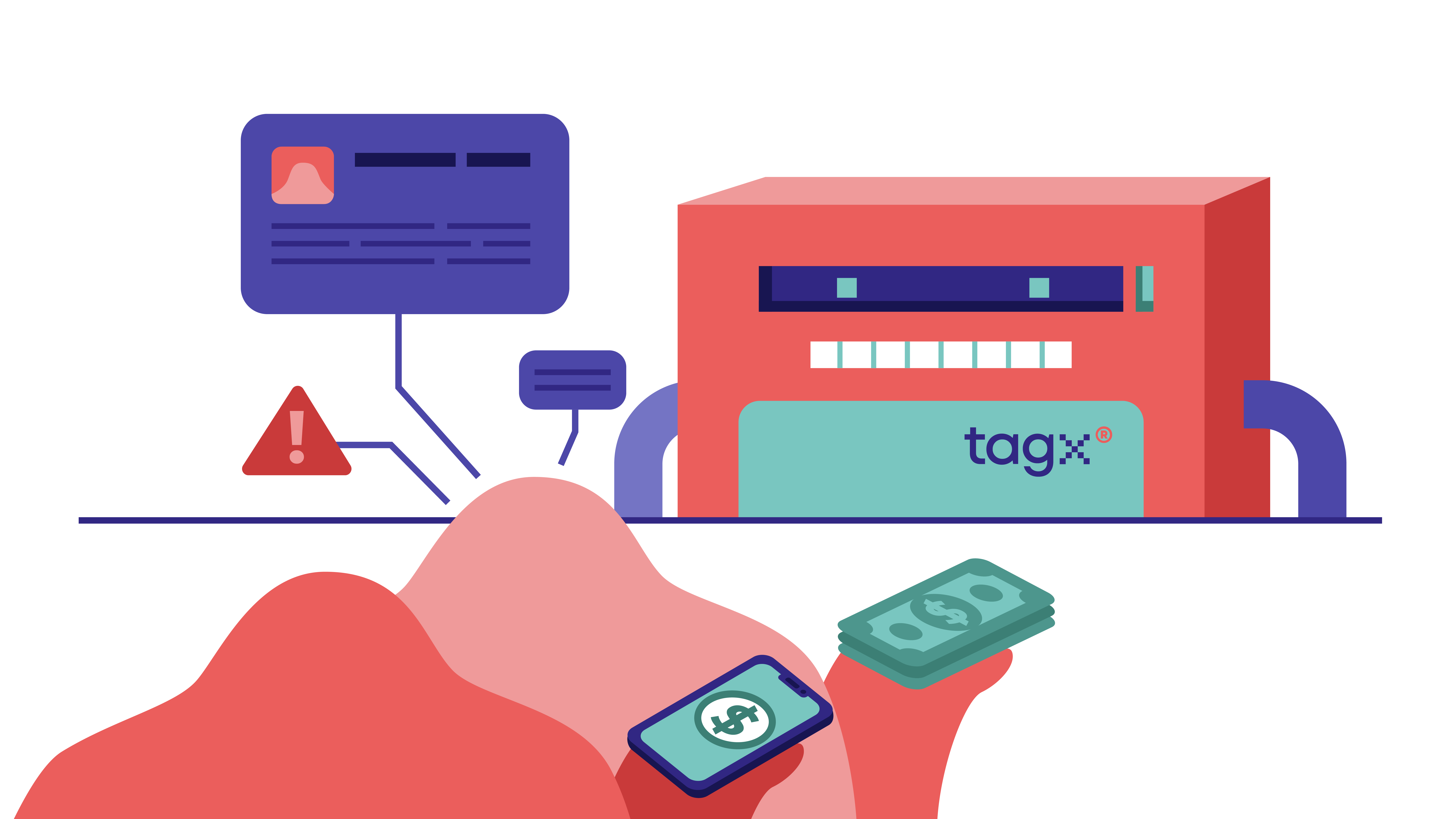 An illustration showing a financial transaction process, with a person holding a smartphone and cash. The scene includes a machine labeled 'TagX' and icons representing notifications, warnings, and communication, symbolizing digital payments and transaction systems.