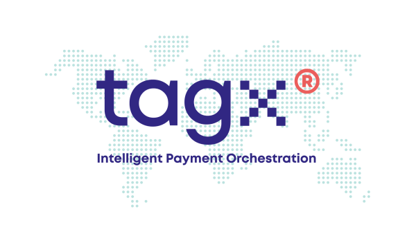 TAGx logo with the tagline 'Intelligent Payment Orchestration' displayed over a world map composed of dotted patterns.