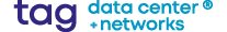 Logo for Tag Data Center and Networks, featuring 'tag' in bold purple text followed by 'data center + networks' in light blue, with a registered trademark symbol.
